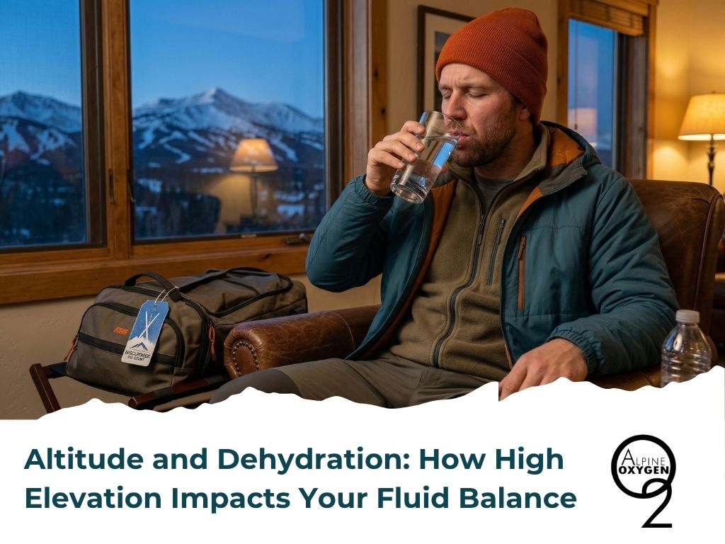 A man experiencing dehydration symptoms outside Denver International Airport, holding a water bottle and rubbing his forehead with the caption "Altitude and Dehydration: How High Elevation Impacts Your Fluid Balance" and the Alpine Oxygen logo.