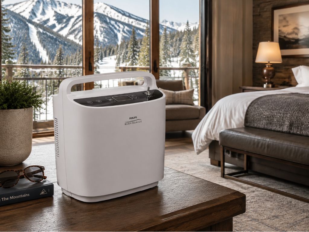 Portable oxygen concentrator in a cozy Steamboat Springs hotel room, helping guests breathe easier at high altitude while enjoying winter mountain views.