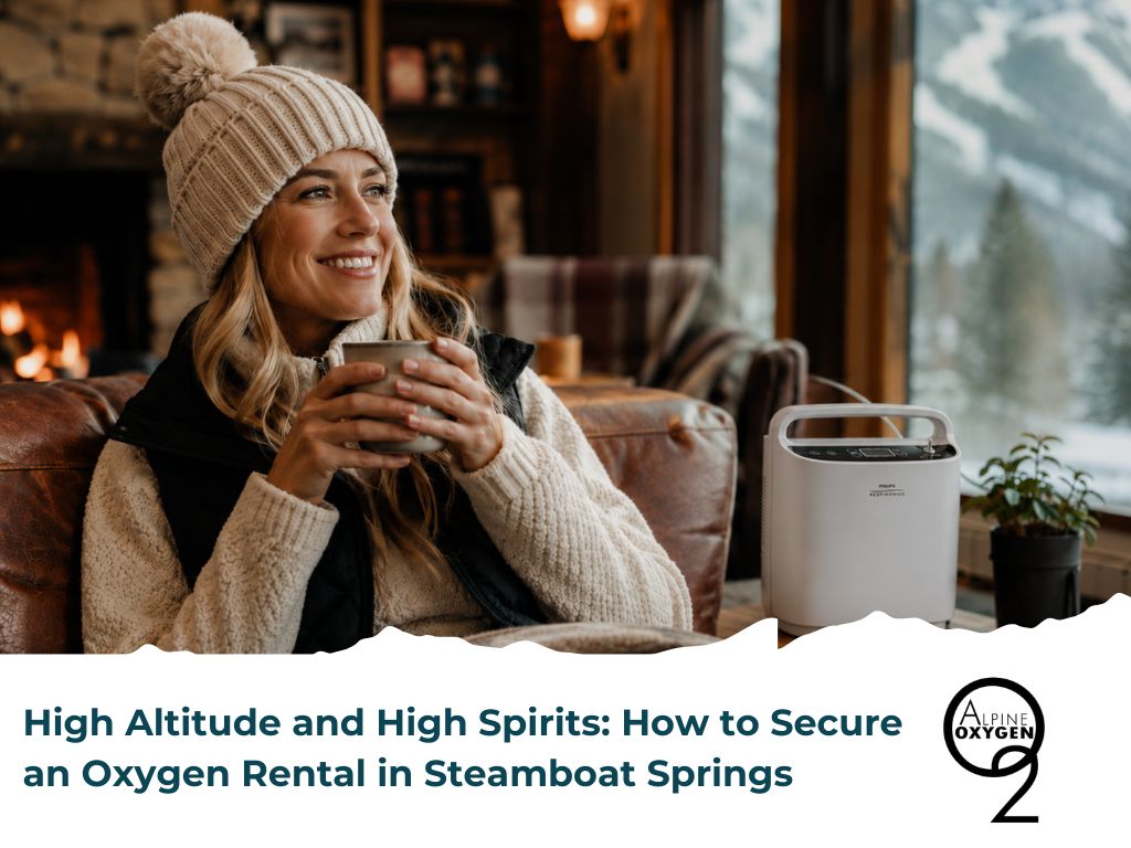 Woman enjoying a warm beverage in a cozy Steamboat Springs cabin, sitting next to a portable oxygen concentrator, illustrating safe and convenient high-altitude oxygen rental for travelers.