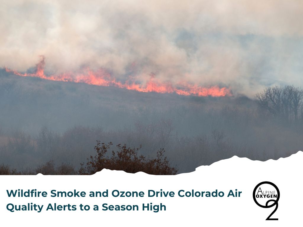 Alpine Oxygen article banner titled "Wildfire Smoke and Ozone Drive Colorado Air Quality Alerts to a Season High," showing a wildfire and smoke across a hillside